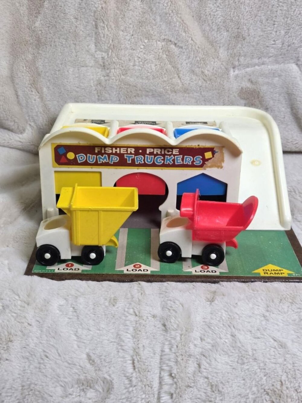 Vtg 1965 Fisher Price toy set Dump Truckers 2 trucks & 3 Little People